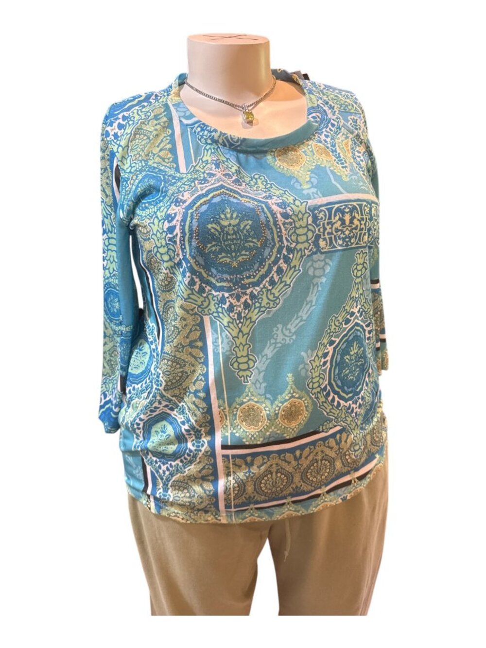 Kiara Sz XXL Blue & Green Medallion Pattern 3/4 Sleeve Round Neck Pullover Top